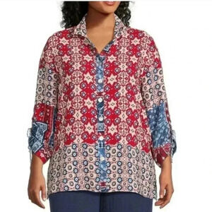 John Mark Women's Floral Red White Blue Top Boho Tunic 3/4 Sleeve Sz S NWT